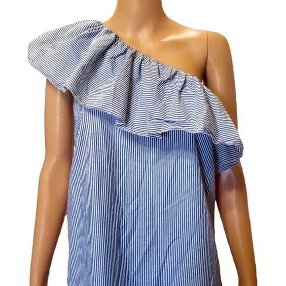 Abercrombie Pinstripe One Shoulder Ruffle Shift Dress MEDIUM - Picture 5 of 14
